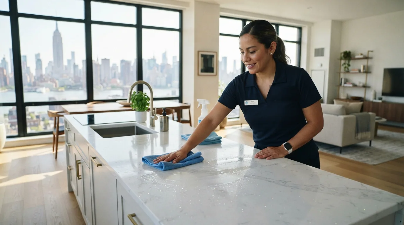Cleaning specialist finishing a kitchen counter in a Crown Heights apartment